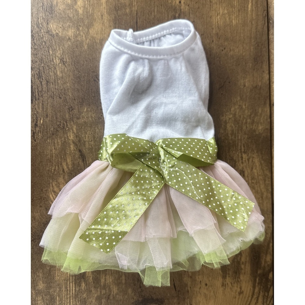White Pastel Pink Dog Pet Shirt Skirt Green Polka-Dot Bow Size S Fast Shipping